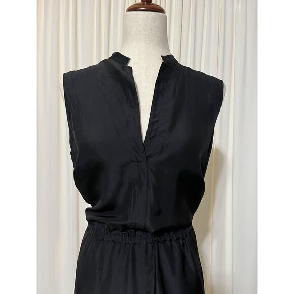 Vince 100% Silk Black V Neck Cut Out Collar Tie Waist Midi Dress Sz S Minimalist - Picture 8 of 8